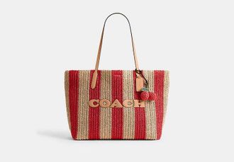Coach Womens Large City Tote Bag With Charms in Red | Cotton