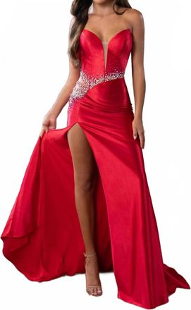 Rachel Allan Strapless Thigh-High Slit Prom Gown In Red