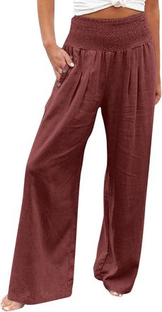 Generic Shffuw Ladies Linen Trousers Elasticated Waist, High Waist Wide Leg Palazzo Pants with Pockets, Summer Solid Color Loose Fit Casual Elegant Beach Hare