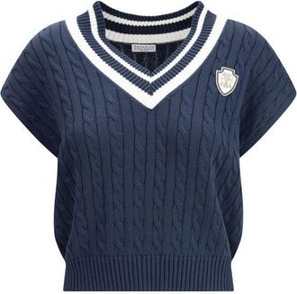 Brunello Cucinelli Blue Cotton Sleeveles Womens Sweater