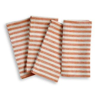 Solino Home Linen Dinner Napkins Set of 4, 20 x 20 Inch for Dining Table, Holiday and Everyday Table Decor - Amalfi Stripe in Pumpkin And Natural at