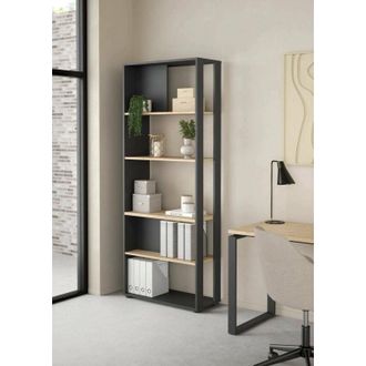 Dmora Dmora - Estante Para Libros Muguiying, Estante De Oficina, Porta Libros M&oacute;vil, Biblioteca, 80x34 H205 Cm, Roble Y Gris