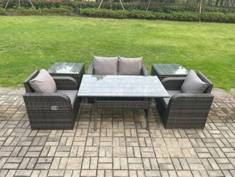Fimous Outdoor Rattan Garden Furniture Lounge Sofa Set With Oblong Rectangular Dining Table 2 PC Side Tables in Dark Grey
