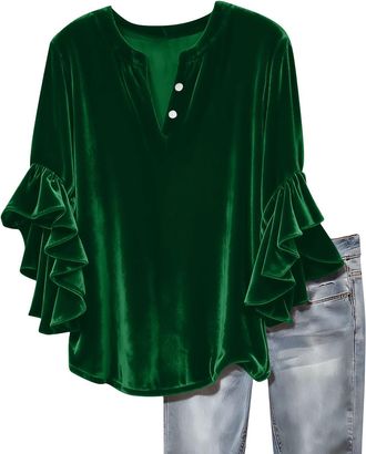 Generic Velvet Tops for Women UK Henley V Neck 3/4 Ruffle Sleeve Velour Tunic Tops Trendy Casual Party Outfits Ladies Blouses Spring Clothes (Green,Size 20-22