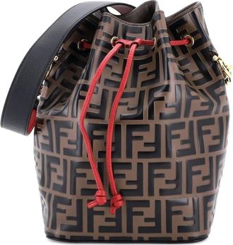 Fendi Borsa a secchiello Mon Tresor piccola in pelle goffrata con motivo Zucca - Marrone