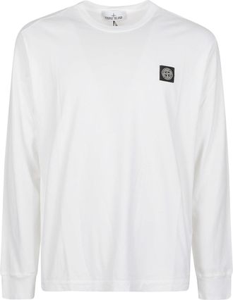 Stone Island White Long Sleeve Crewneck Patch Cotton T-Shirt
