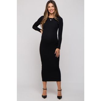 Pinkblush Ribbed Fitted Long Sleeve Midi Dress in Black at Nordstrom, Size Medium