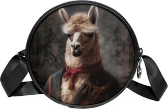 Generic Circle Crossbody Bag for Women, Vintage Alpaca Pattern Small Sling Bag Daypack with Zipper Adjustable Shoulder Straps Casual Ladies Girls Round Purse