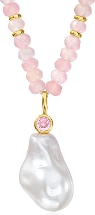 Ross-Simons 14kt Yellow Gold-Plated Necklace With Rose Quartz Beads, Simulated Pink Gem and Pearl