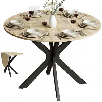 HOMCOM Homcom Mesa Plegable De Comedor Redonda, Para 2-6 Personas, Con Ala Abatible, Marco De Acero Doble X, Para Espacio Peque&ntilde;o, &Oslash;110x76 Cm, Natural