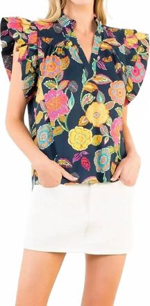 THML Clothing Ruffle Sleeves Floral Print Top In Navy