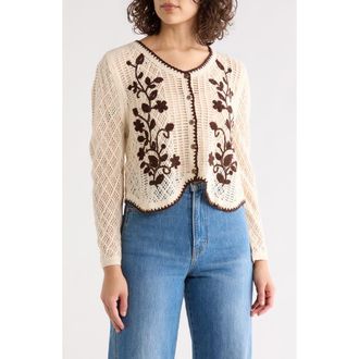 Forgotten Grace Floral Embroidered Open Stitch Cardigan in Natural/Dark Brown at Nordstrom Rack, Size X-Large