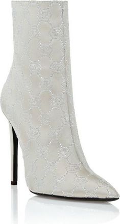 Philipp Plein Satin Boots High Heels Mid Monogram Strass Women in Beige at Nordstrom, Size 41