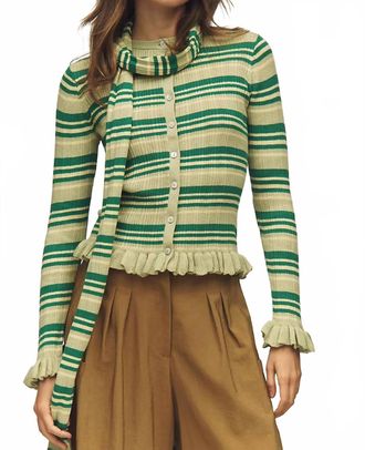 Damson Madder Anelis Cotton Merino Blend Cardigan In Green Stripe