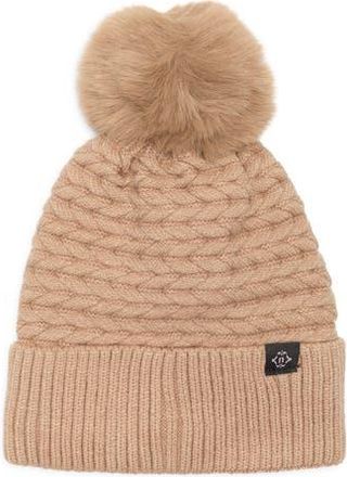 Nanette Lepore Braided Knit Beanie with Faux Fur Pompom in Taupe at Nordstrom Rack