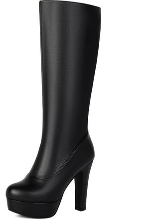 Generic Womens High Heeled Platform Long Boots Round Toe Knee High Boots PU Leather Party Prom Shoes with Side Zipper,Black,4.5 UK