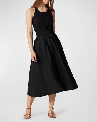 Joie Kenzie Midi Dress Womens Black Poplin Smocked Waist Sleeveless FROG340