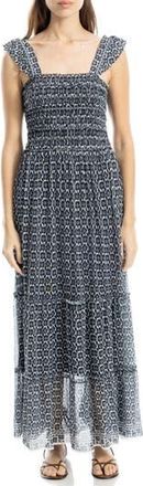 Max Studio Floral Ruffle Strap Smocked Tiered Chiffon Maxi Dress in Cream/Black Small Poppy at Nordstrom Rack, Size X-Large