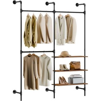 SoBuy SoBuy KLS18-SCH appendiabiti da parete industriale, rack tubolare fisso con 3 barre & 3 ripiani in MDF, armadio aperto pesante salvaspazio, nero