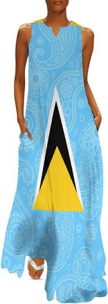 Generic Saint Lucia Flag Paisley Pattern Funny Womens Sleeveless Sling Dresses Loose Long Sundress Summer Maxi Dress 4XL