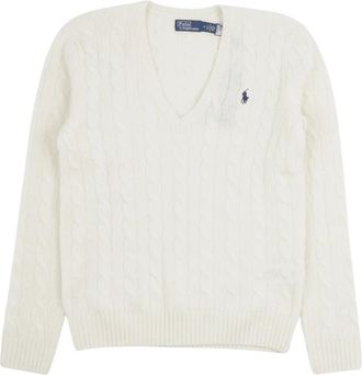 Polo Ralph Lauren Kabelgebreide trui met V-hals - Dames - V-hals truien - Wit - XL - Wol - Truien & Vesten