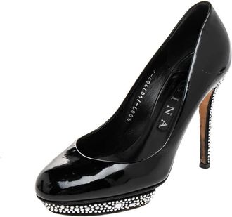Gina Black Patent Leather Crystal Embellished Pumps