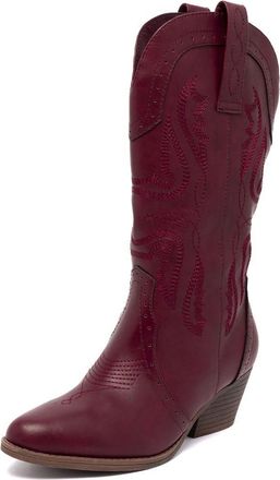 SUGAR Womens Western Cowboy Boots - Mid-Calf Pointed Toe Booties with Stitch Detailing/Perforated Design - Pointed Toe, Block Heel, Pull-On Fit, Tammy-burgu
