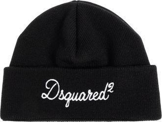 Dsquared2 Wollen muts met geborduurd logo - Heren - Hoeden - Zwart - ONE Size - Wol - Accessoires