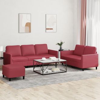 vidaXL Vidaxl - Juego De Sof&aacute;s Con Cojines 3 Piezas Cuero Sint&eacute;tico Rojo Tinto