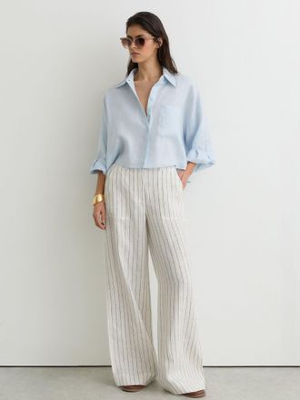 Reiss White & navy Linen Pinstripe Wide-leg Trousers, 10L