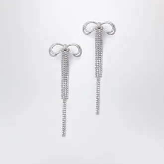 Self Portrait Double crystal bow drop earrings in silver-plated brass