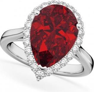 Allurez Pear Cut Halo Lab Ruby & Diamond Engagement Ring 14K White Gold 8.34ct