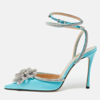 Mach & Mach Blue Satin Crystal Flower Pumps
