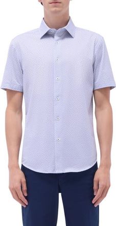 Bugatchi Miles OoohCotton Bird Print Short Sleeve Button-Up Shirt in Peacock at Nordstrom, Size Xxx-Large