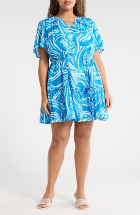 Sugarlips Canton Tropics Clarion Ruffle Cotton Minidress in White/blue Multi at Nordstrom, Size 3X