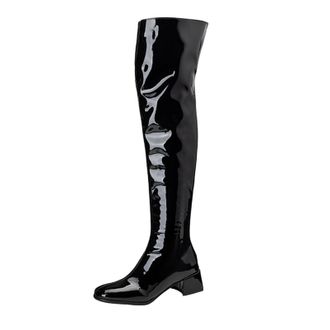 Generic Women Over The Knee Patent PU Leather Boots Square Toe Block Heels Side Zipper Glossy Stretchy Fit Sleek Stylish Comfortable Durable Fashion,Black,7.5