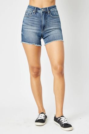 Judy Blue High Waist Tummy Control Fray Hem Shorts In Medium Wash