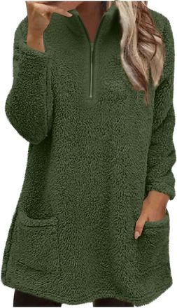 Generic Womens Hoodies Solid Stand Collar Half Zip Hooded Sweatshirt Sherpa Lined Plush Teddy Bear Sweater Shirt Ladies Autumn Winter Warm Mid Length Hoodies 