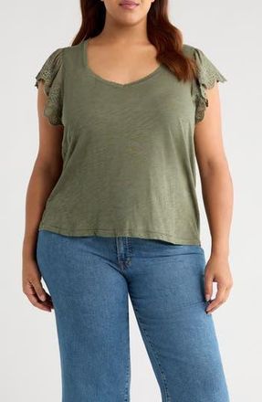 Wit & Wisdom Eyelet Flutter Sleeve V-Neck T-Shirt in Oregano at Nordstrom Rack, Size 3X