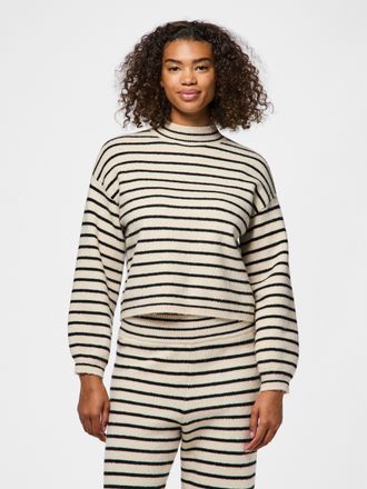 Pieces Stehkragenpullover PIECES PCPENNA LS HIGH NECK KNIT BC, Damen, Gr. XL (42), beige (wei&szlig;cap gray stripes:schwarz), Strick, Obermaterial: 58% Polyester,