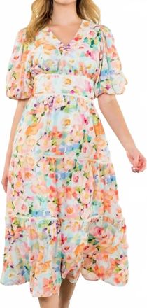 THML Clothing Floral Puff Sleeve Tiered Dress In Pink