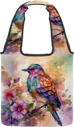 Generic Watercolor Bird Floral Reversible Canvas Shoulder Tote - Double-Sided Print, 12oz Cotton, 27cm Drop, Fold-Flat Bag for Travel, Shopping, Street Outing