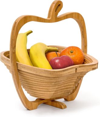 OEM Cesta De Frutas Plegable De Bamb&uacute; Con Forma De Manzana, Estante Para Frutas Tipo Acorde&oacute;n, Madera, Alto X Ancho X Profundidad: 30 X 26 X 14 Cm, Color 