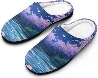 Generic Cherries Flowers Starry Sky Falling Feathers Mens Slippers Slip On Comfortable Fleece Cotton House Shoes Winter