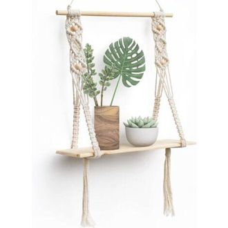OEM Estanter&iacute;a De Pared De Madera De Pino Y Cuerda Natural. Estilo Bohemio Chic. F&aacute;cil Instalaci&oacute;n Para Sal&oacute;n, Dormitorio O Ba&ntilde;o. Decoraci&oacute;n Con Plantas