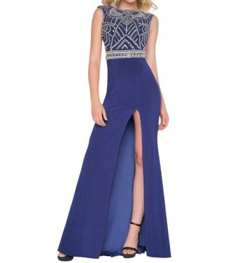 Mac Duggal Beaded Bodice Jersey Dress In Midnight