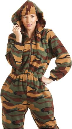 Camille Womens Super Soft Fleece Hooded Various Print All In One Onesies 22-24 Green Camoflauge