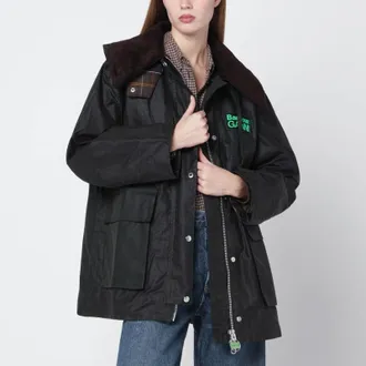 Ganni Waxed duffle coat with tartan details