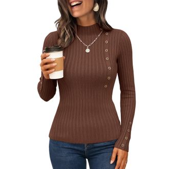 Generic Womens Jumpers Crew Neck Long Sleeve Ribbed Knit Pullover Sweater with Decorative Button Design Fashion Slim Fit Ladies Jumpers Coffee L