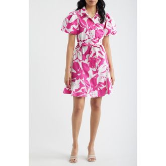 CeCe by Cynthia Steffe Floral Short Sleeve Cotton Mini Shirtdress in Pink Multi at Nordstrom, Size Xx-Small